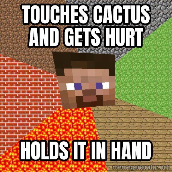 Minecraft Guy meme: Touches Cactus and Gets Hurt / Holds it in hand