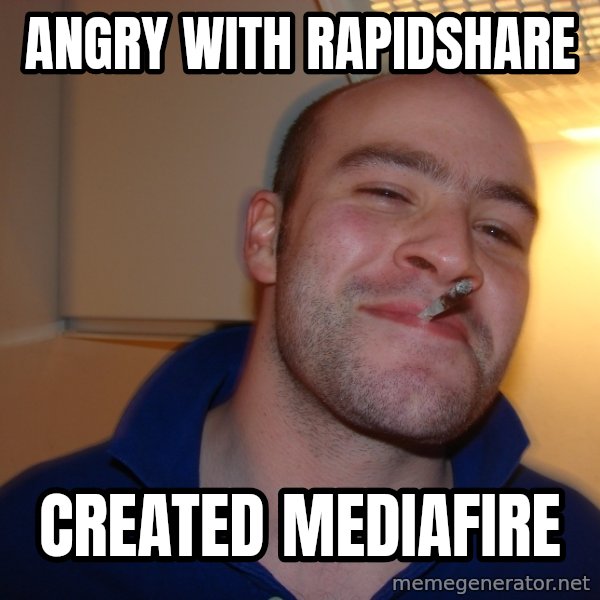 Good Guy Greg meme: ANGRY WITH RAPIDSHARE / CREATED MEDIAFIRE