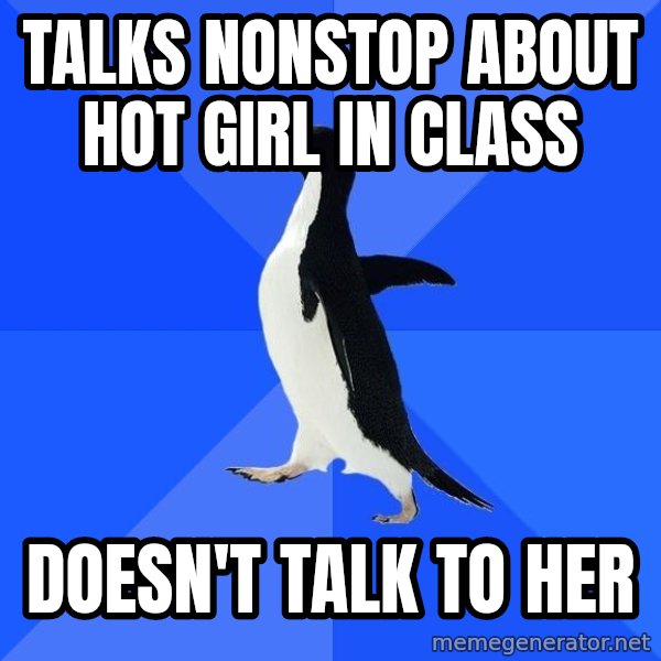 Socially Awkward Penguin meme: talks nonstop about hot girl in class / doesn't talk to her