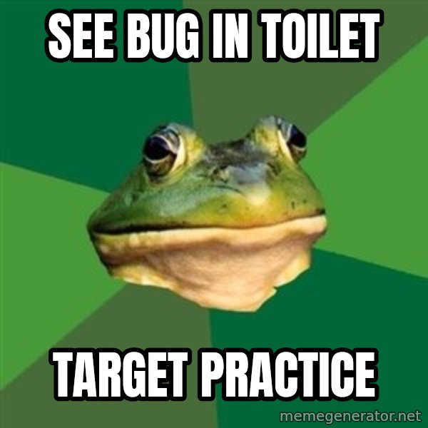Foul Bachelor Frog meme: see bug in toilet / target practice