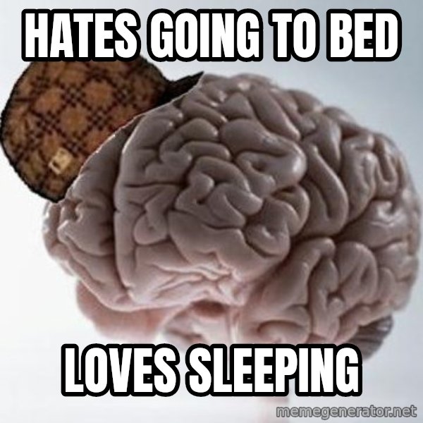 Scumbag Brain meme: hates going to bed / loves sleeping