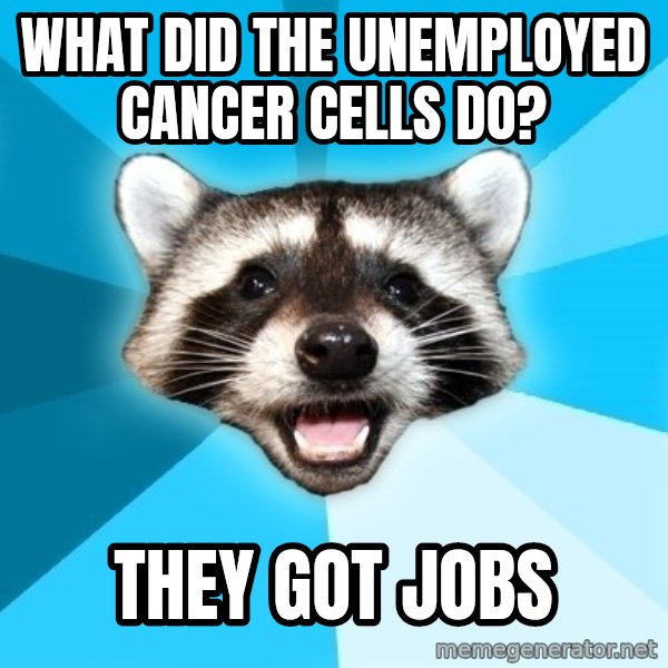 Lame Pun Coon meme: what did the unemployed cancer cells do? / they got jobs