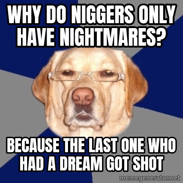 Racist Dawg meme: Why do niggers only have nightmares? / because the last one who had a dream got shot