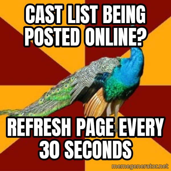 Thespian Peacock meme: cast list being posted online? / refresh page every 30 seconds