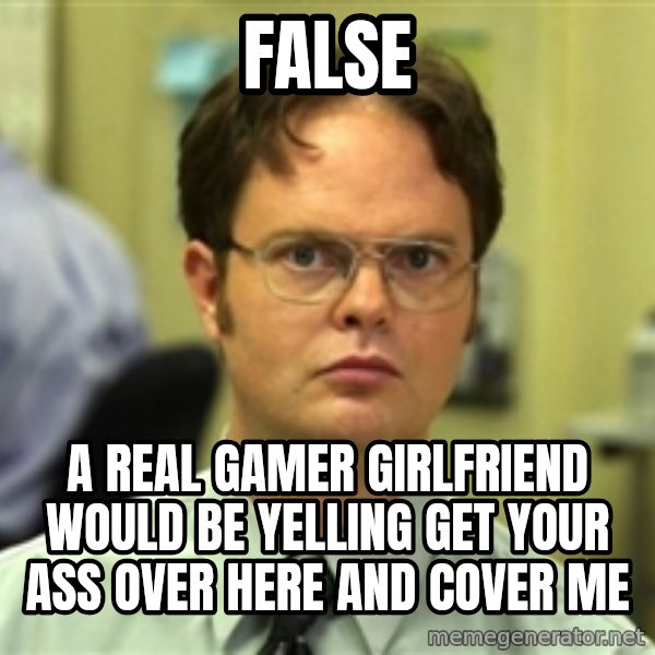 Dwight Meme meme: False / A real gamer girlfriend would be yelling get your ass over here and cover me
