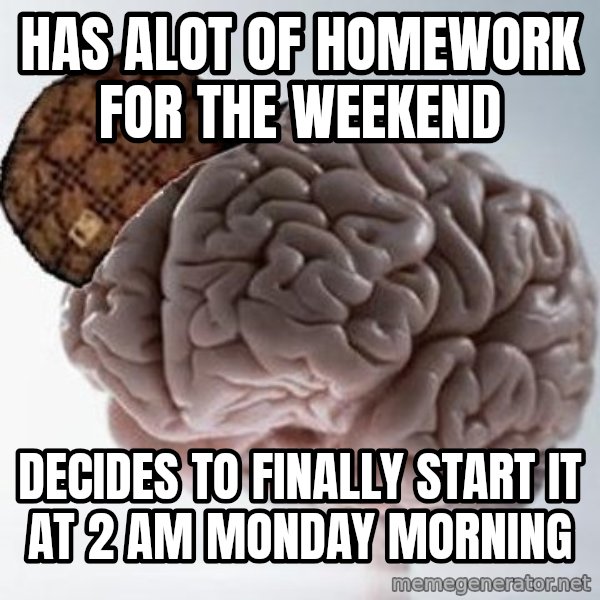 Scumbag Brain meme: Has alot of homework for the weekend / Decides to finally start it at 2 am Monday morning