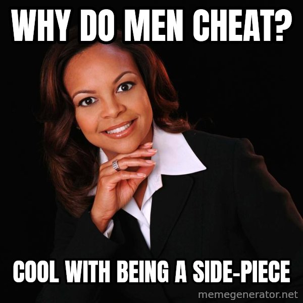 Irrational Black Woman meme: WHY Do Men Cheat? / Cool with being a side-piece