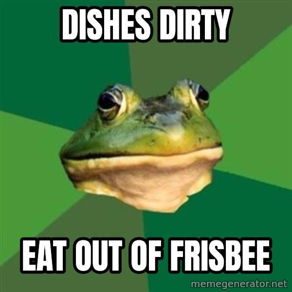 Foul Bachelor Frog meme: Dishes dirty / eat out of frisbee