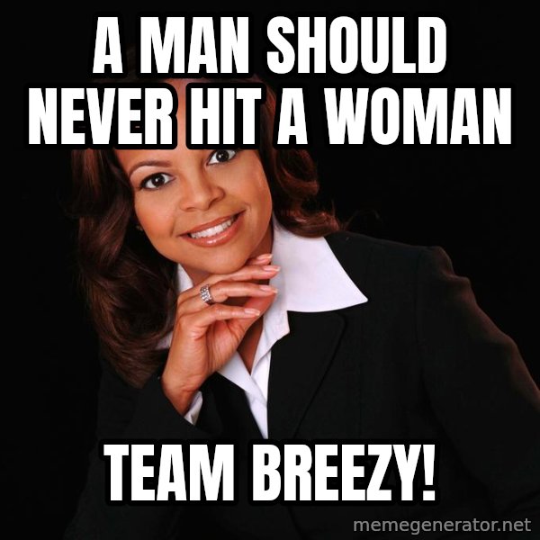 Irrational Black Woman meme: a man should never hit a woman / team breezy!