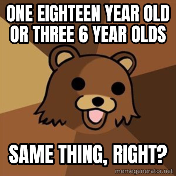 Pedobear meme: one eighteen year old or three 6 year olds / same thing, right?