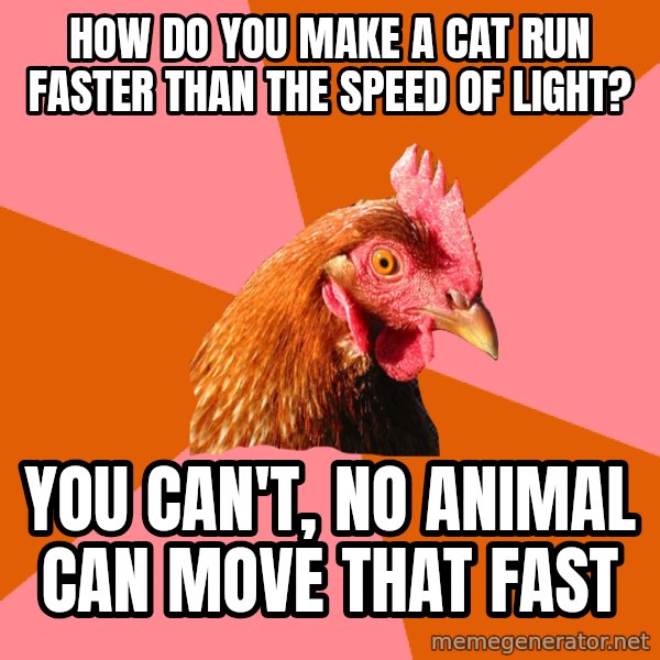 Anti Joke Chicken meme: how do you make a cat run faster than the speed of light? / you can't, no animal can move that fast
