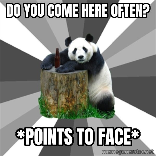 Pickup Line Panda meme: DO YOU COME HERE OFTEN? / *POINTS TO FACE*