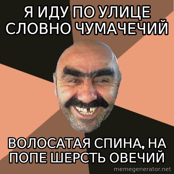 Provincial Man meme: я иду по улице словно чумачечий / волосатая спина, на попе шерсть овечий