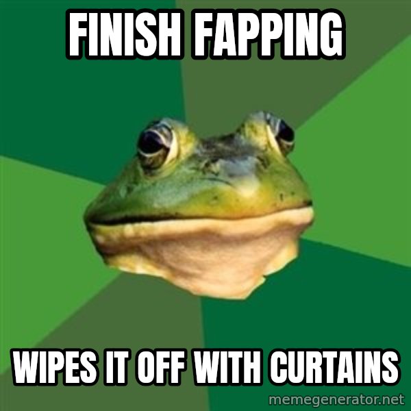 Foul Bachelor Frog meme: finish fapping / wipes it off with curtains