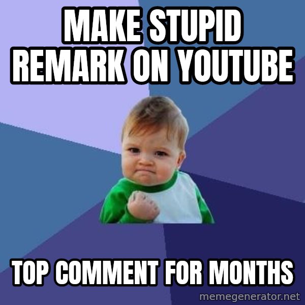 Success Kid meme: Make stupid remark on youtube / top comment for months