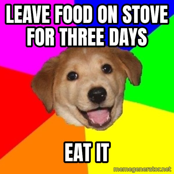Advice Dog meme: LEAVE FOOD ON STOVE FOR THREE DAYS / EAT IT