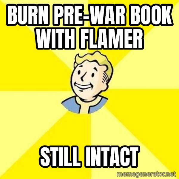 Fallout 3 meme: BURN PRE-WAR BOOK WITH FLAMER / STILL INTACT
