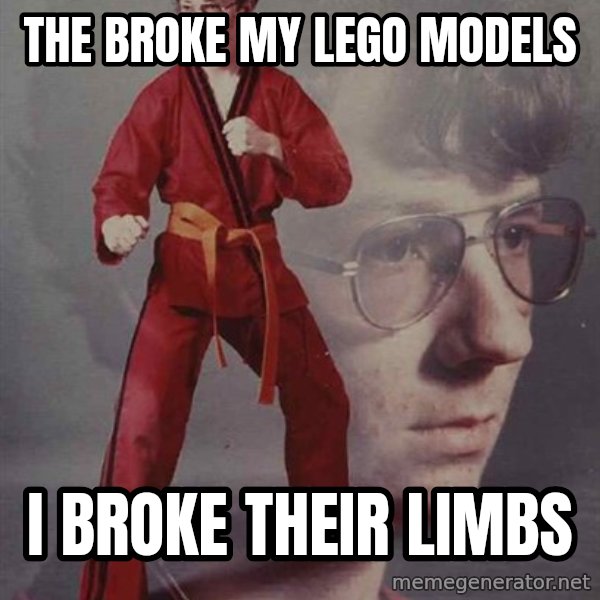 PTSD Karate Kyle meme: the broke my lego models / i broke their limbs