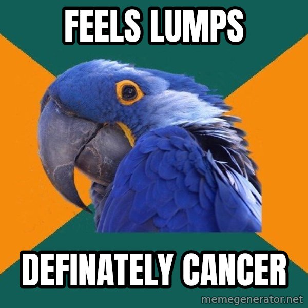 Paranoid Parrot meme: feels lumps / definately cancer