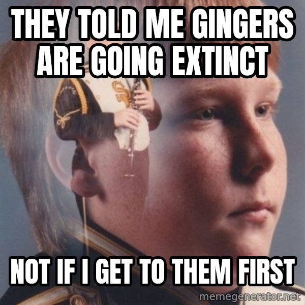 PTSD Clarinet Boy meme: They told me gingers are going extinct / not if i get to them first