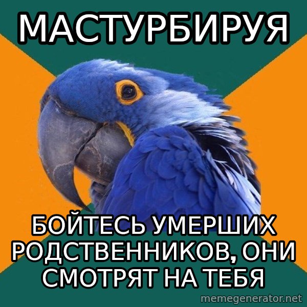 Paranoid Parrot meme: мастурбируя / бойтесь умерших родственников, они смотрят на тебя
