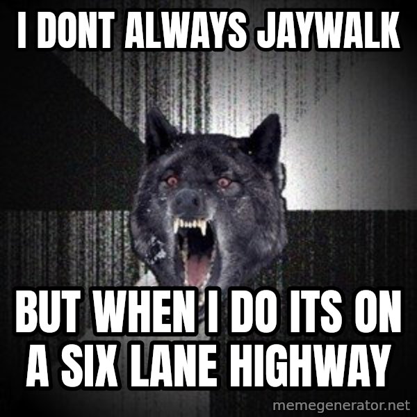 Insanity Wolf meme: I dont always jaywalk / but when i do its on a six lane highway
