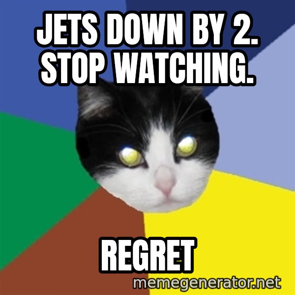 Winnipeg Cat meme: Jets down by 2. Stop Watching. / Regret