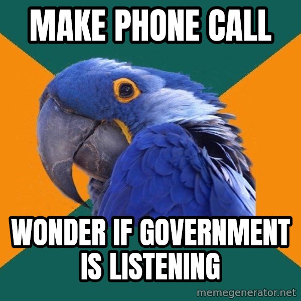 Paranoid Parrot meme: make phone call / wonder if government is listening
