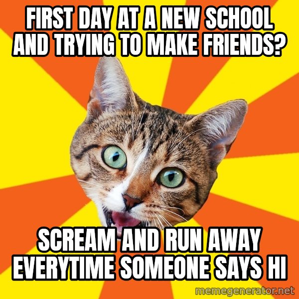 Bad Advice Cat meme: First day at a new school and trying to make friends? / Scream and run away everytime someone says hi