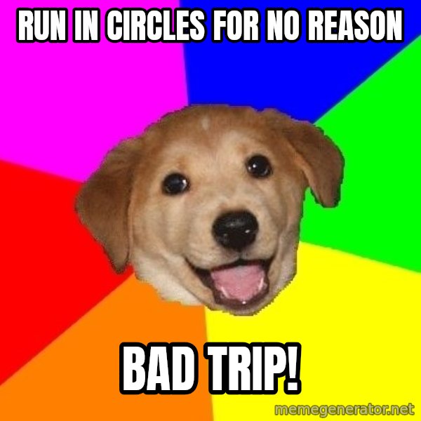 Advice Dog meme: run in circles for no reason / BAD TRIP!