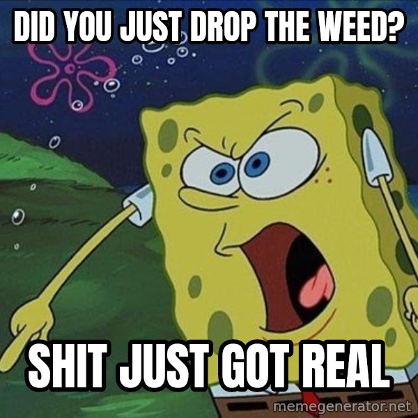 Spongebob Rage meme: did you just drop the weed? / shit just got real