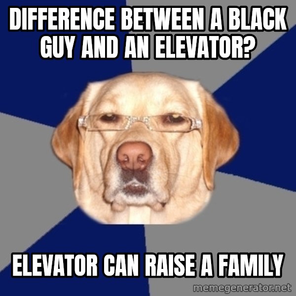 Racist Dog meme: Difference between a black guy and an elevator? / Elevator can raise a family
