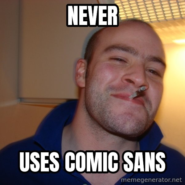 Good Guy Greg meme: never / uses comic sans