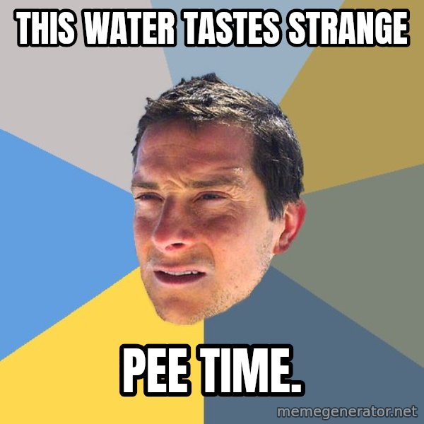 Bear Grylls meme: This water tastes strange / pee time.