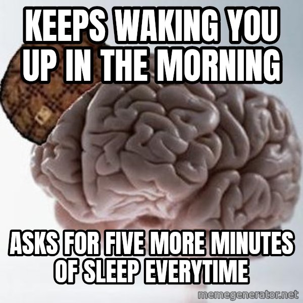 Scumbag Brain meme: Keeps waking you up in the morning / Asks for five more minutes of sleep everytime