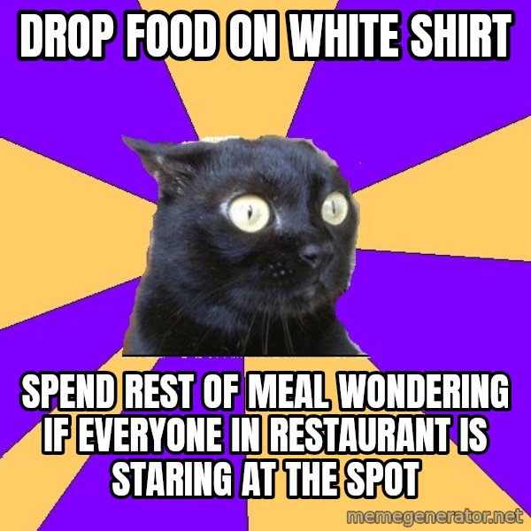 Anxiety Cat meme: DROP FOOD ON WHITE SHIRT / SPEND REST OF MEAL WONDERINg IF EVERYONE IN RESTAURANT IS STARING AT THE SPOT