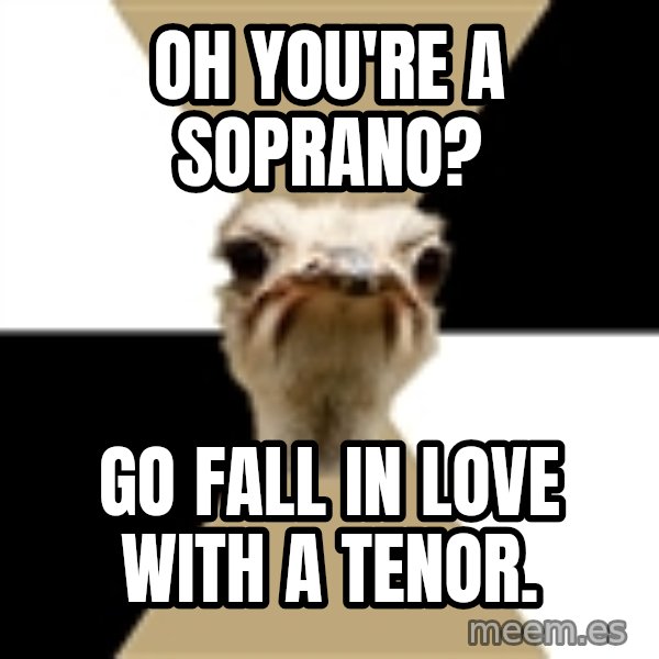 Music Major Ostrich meme: oh you're a soprano? / go fall in love with a tenor.