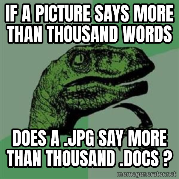 Philosoraptor meme: if a picture says more than thousand words / does a .jpg say more than thousand .docs ?