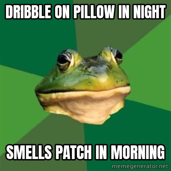 Foul Bachelor Frog meme: dribble on pillow in night / smells patch in morning