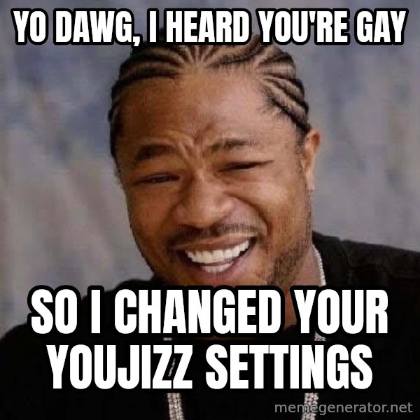 Yo Dawg meme: Yo dawg, I heard you're gay / so i changed your youjizz settings