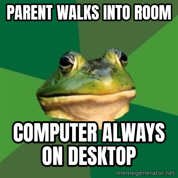 Foul Bachelor Frog meme: Parent walks into room / computer always on desktop