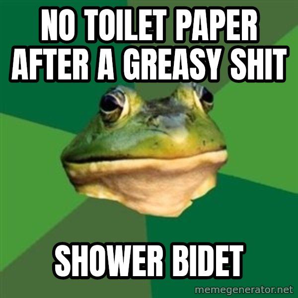 Foul Bachelor Frog meme: no toilet paper after a greasy shit / shower bidet