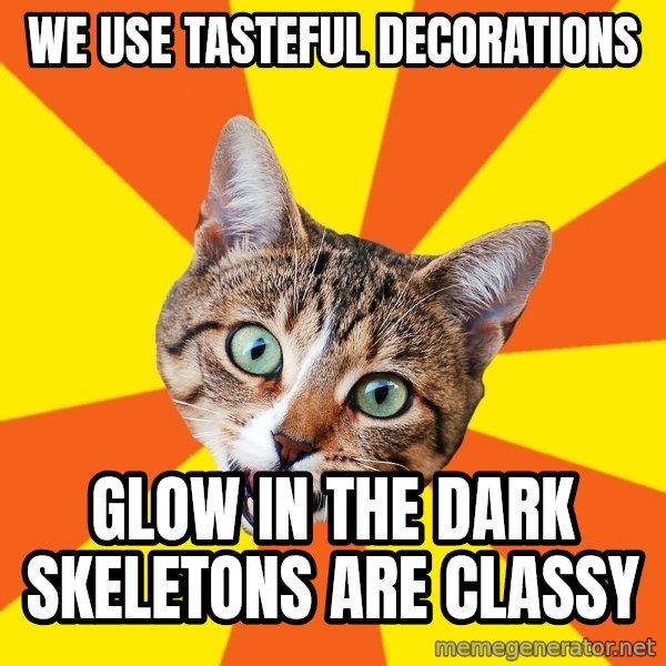 Bad Advice Cat meme: WE USE TASTEFUL DECORATIONS / GLOW IN THE DARK SKELETONS ARE CLASSY