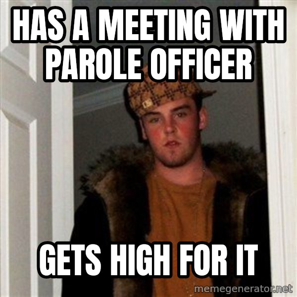 Scumbag Steve meme: has a meeting with parole officer / gets high for it