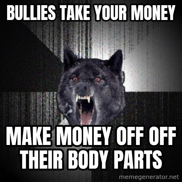 Insanity Wolf meme: Bullies take your money / make money off off their body parts