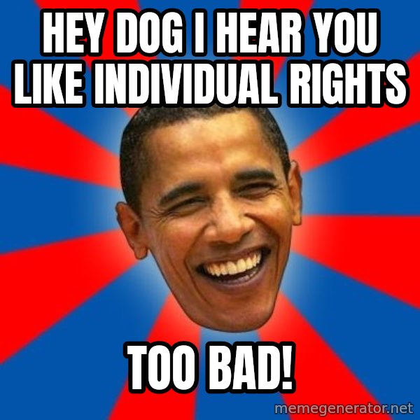 Obama meme: Hey dog i hear you like individual rights / too bad!