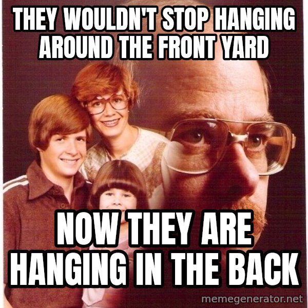 Vengeance Dad meme: They wouldn't stop hanging around the front yard / now they are hanging in the back