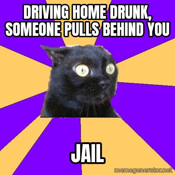 Anxiety Cat meme: driving home drunk, someone pulls behind you / jail
