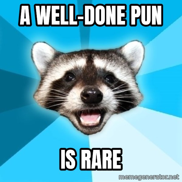 Lame Pun Coon meme: a well-done pun / is rare