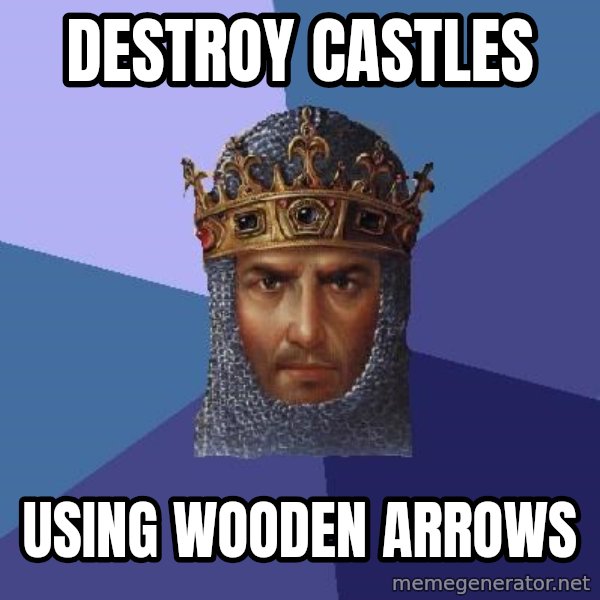 Age Of Empires meme: Destroy castles / using wooden arrows